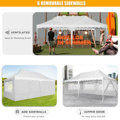 HOTEEL 10x20 Pop up Canopy with 6 Sidewalls, Waterproof Tent for Parties Wedding Event, Commercial Outdoor Wedding Party Tents with Roller Bag, Stakes, Ropes & Sandbags