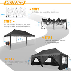 HOTEEL 10x20 Pop up Canopy with 6 Sidewalls, Waterproof Tent for Parties Wedding Event, Commercial Outdoor Wedding Party Tents with Roller Bag, Stakes, Ropes & Sandbags