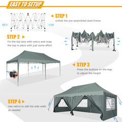 HOTEEL 10x20 Pop up Canopy with 6 Sidewalls, Waterproof Tent for Parties Wedding Event, Commercial Outdoor Wedding Party Tents with Roller Bag, Stakes, Ropes & Sandbags