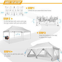 HOTEEL 10x20 Pop up Canopy with 6 Sidewalls, Waterproof Tent for Parties Wedding Event, Commercial Outdoor Wedding Party Tents with Roller Bag, Stakes, Ropes & Sandbags