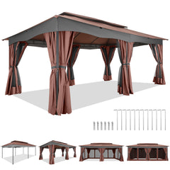 COBIZI Outdoor Gazebo 12x20 Patio Gazebo with Netting and Curtains Waterproof Gazebo with Double Roof Large Backyard Gazebo with Metal Steel Frame for Deck, Backyard, Lawn, Party, Garden, Khaki