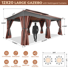 COBIZI Outdoor Gazebo 12x20 Patio Gazebo with Netting and Curtains Waterproof Gazebo with Double Roof Large Backyard Gazebo with Metal Steel Frame for Deck, Backyard, Lawn, Party, Garden, Khaki