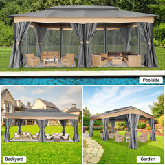 COBIZI Outdoor Gazebo 12x20 Patio Gazebo with Netting and Curtains Waterproof Gazebo with Double Roof Large Backyard Gazebo with Metal Steel Frame for Deck, Backyard, Lawn, Party, Garden, Khaki