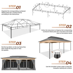 COBIZI Outdoor Gazebo 12x20 Patio Gazebo with Netting and Curtains Waterproof Gazebo with Double Roof Large Backyard Gazebo with Metal Steel Frame for Deck, Backyard, Lawn, Party, Garden, Khaki