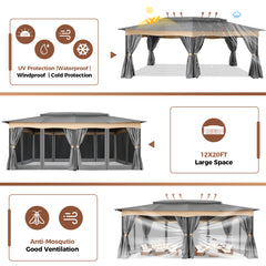 COBIZI Outdoor Gazebo 12x20 Patio Gazebo with Netting and Curtains Waterproof Gazebo with Double Roof Large Backyard Gazebo with Metal Steel Frame for Deck, Backyard, Lawn, Party, Garden, Khaki