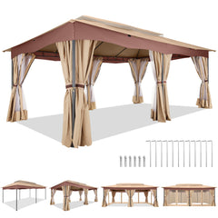 COBIZI Outdoor Gazebo 12x20 Patio Gazebo with Netting and Curtains Waterproof Gazebo with Double Roof Large Backyard Gazebo with Metal Steel Frame for Deck, Backyard, Lawn, Party, Garden, Khaki