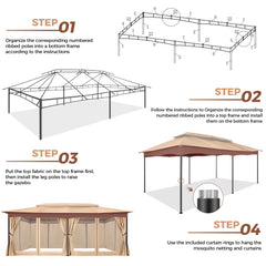 COBIZI Outdoor Gazebo 12x20 Patio Gazebo with Netting and Curtains Waterproof Gazebo with Double Roof Large Backyard Gazebo with Metal Steel Frame for Deck, Backyard, Lawn, Party, Garden, Khaki