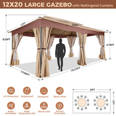 COBIZI Outdoor Gazebo 12x20 Patio Gazebo with Netting and Curtains Waterproof Gazebo with Double Roof Large Backyard Gazebo with Metal Steel Frame for Deck, Backyard, Lawn, Party, Garden, Khaki