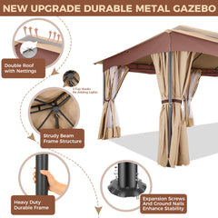 COBIZI Outdoor Gazebo 12x20 Patio Gazebo with Netting and Curtains Waterproof Gazebo with Double Roof Large Backyard Gazebo with Metal Steel Frame for Deck, Backyard, Lawn, Party, Garden, Khaki