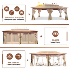 COBIZI Outdoor Gazebo 12x20 Patio Gazebo with Netting and Curtains Waterproof Gazebo with Double Roof Large Backyard Gazebo with Metal Steel Frame for Deck, Backyard, Lawn, Party, Garden, Khaki