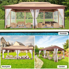 Hoteel 12x20 Outdoor Gazebo Heavy Duty Gazebo Sun Shade Canopy Tent with 4 Sandbags, Waterproof, Double Tiers & Mesh Netting for Lawn, Garden, Backyard & Deck, Khaki