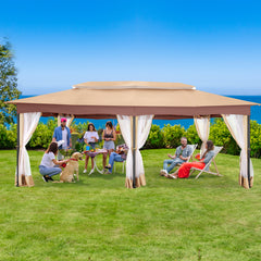 Hoteel 12x20 Outdoor Gazebo Heavy Duty Gazebo Sun Shade Canopy Tent with 4 Sandbags, Waterproof, Double Tiers & Mesh Netting for Lawn, Garden, Backyard & Deck, Khaki