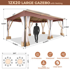 Hoteel 12x20 Outdoor Gazebo Heavy Duty Gazebo Sun Shade Canopy Tent with 4 Sandbags, Waterproof, Double Tiers & Mesh Netting for Lawn, Garden, Backyard & Deck, Khaki