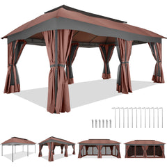 COBIZI Outdoor Gazebo 12x20 Patio Gazebo with Netting and Curtains Waterproof Gazebo with Double Roof Large Backyard Gazebo with Metal Steel Frame for Deck, Backyard, Lawn, Party, Garden, Khaki