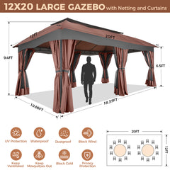 Hoteel Heavy-Duty 12X20 Outdoor Patio Gazebo with Mosquito Netting & Curtains,Double-Roof Canopy Tent Deck Gazebo in Khaki for Parties,Backyards,Decks,Gardens,Featuring a Sturdy Metal Steel Frame,Gray