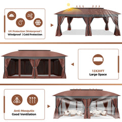 Hoteel Heavy-Duty 12X20 Outdoor Patio Gazebo with Mosquito Netting & Curtains,Double-Roof Canopy Tent Deck Gazebo in Khaki for Parties,Backyards,Decks,Gardens,Featuring a Sturdy Metal Steel Frame,Gray