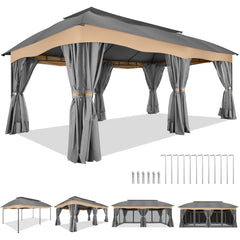 Hoteel Heavy-Duty 12X20 Outdoor Patio Gazebo with Mosquito Netting & Curtains,Double-Roof Canopy Tent Deck Gazebo in Khaki for Parties,Backyards,Decks,Gardens,Featuring a Sturdy Metal Steel Frame,Gray