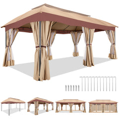 Hoteel Heavy-Duty 12X20 Outdoor Patio Gazebo with Mosquito Netting & Curtains,Double-Roof Canopy Tent Deck Gazebo in Khaki for Parties,Backyards,Decks,Gardens,Featuring a Sturdy Metal Steel Frame,Gray