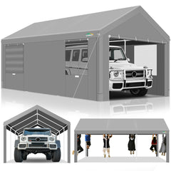 HOTEEL Carport 12x20 ft Heavy Duty Car Canopy with Roll-up Windows Portable Garage with Removable Sidewalls & Door, Outdoor Canopy Carport Portable Car Tent Garage Car Canopy with Steel Frame, Gray