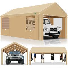 HOTEEL Carport 12x20 ft Heavy Duty Car Canopy with Roll-up Windows Portable Garage with Removable Sidewalls & Door, Outdoor Canopy Carport Portable Car Tent Garage Car Canopy with Steel Frame, Gray