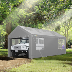 HOTEEL Carport 12x20 ft Heavy Duty Car Canopy with Roll-up Windows Portable Garage with Removable Sidewalls & Door, Outdoor Canopy Carport Portable Car Tent Garage Car Canopy with Steel Frame, Gray