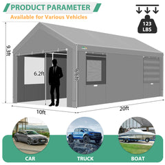 HOTEEL Carport 12x20 ft Heavy Duty Car Canopy with Roll-up Windows Portable Garage with Removable Sidewalls & Door, Outdoor Canopy Carport Portable Car Tent Garage Car Canopy with Steel Frame, Gray