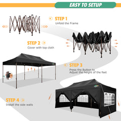 COBIZI 10x20 Heavy Duty Canopy with Sidewalls, Ez Pop up Canopies, Folding Protable Party Tent, Outdoor Sun Shade Wedding Gazebos with Roller Bag,Black