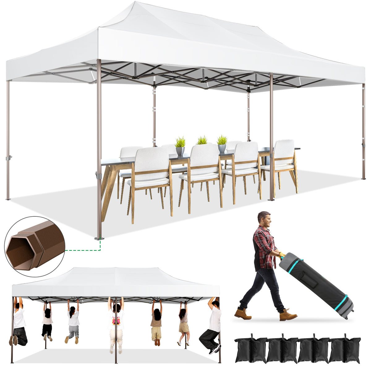 HOTEEL 10x20 Pop Up Heavy Duty Canopy Tent,Commercial Tent Gazebo for Parties All-Weather Waterproof and UV 50+ Wedding Tent with Roller Bag,White