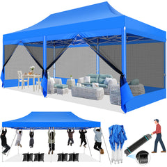 COBIZI 10'x20' Heavy Duty Canopy Tent, Pop up Gazebo with Netting Screened ,Waterproof Ez up Canopy with Sidewalls, Outdoor Instant Party Tent for Backyard,Dark Blue