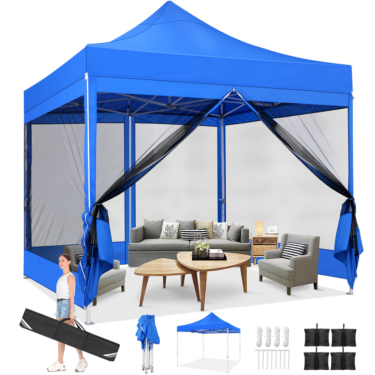 COBIZI 10'x10' Heavy Duty Canopy Tent, Pop up Gazebo with Netting Screened ,Waterproof Ez up Canopy with Sidewalls, Outdoor Instant Party Tent for Backyard,Blue