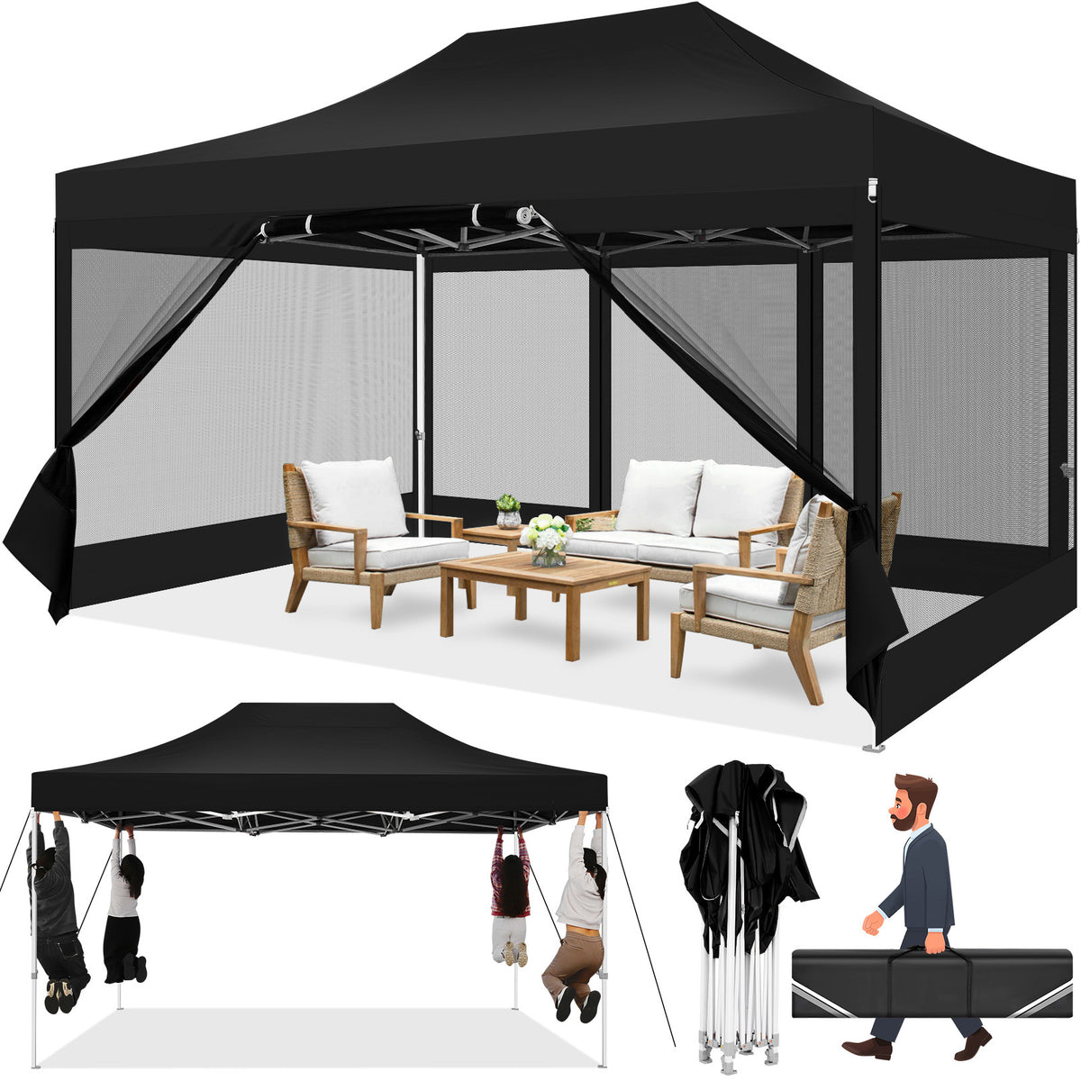 COBIZI 10‘x15’ Heavy Duty Canopy Tent, Pop up Gazebo with Netting Screened ,Waterproof Ez up Canopy with Sidewalls, Outdoor Instant Party Tent for Backyard,Gray
