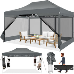 COBIZI 10‘x15’ Heavy Duty Canopy Tent, Pop up Gazebo with Netting Screened ,Waterproof Ez up Canopy with Sidewalls, Outdoor Instant Party Tent for Backyard,Gray