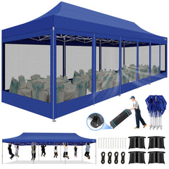 COBIZI 10x30 Heavy Duty Canopy Tent, Pop up Gazebo with Netting Screened ,Waterproof Ez up Canopy with Sidewalls, Outdoor Instant Party Tent for Backyard,Dark Blue