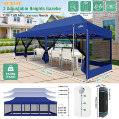 COBIZI 10x30 Heavy Duty Canopy Tent, Pop up Gazebo with Netting Screened ,Waterproof Ez up Canopy with Sidewalls, Outdoor Instant Party Tent for Backyard,Dark Blue