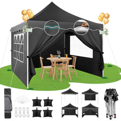 Hoteel 10x10 Pop Up Canopy Tent for Parties with 4 Sandbags, 4 Ropes, 4 Stakes & Wavy Edge, One Person EZ Setup, 20% Thicker Cross Tubes, Increased Height, 310cm Model for Ample Comfort, Black