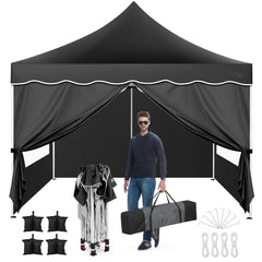 Hoteel 10x10 Pop Up Canopy Tent for Parties with 4 Sandbags, 4 Ropes, 4 Stakes & Wavy Edge, One Person EZ Setup, 20% Thicker Cross Tubes, Increased Height, 310cm Model for Ample Comfort, Black