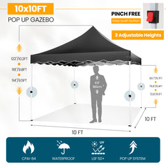 Hoteel 10x10 Pop Up Canopy Tent for Parties with 4 Sandbags, 4 Ropes, 4 Stakes & Wavy Edge, One Person EZ Setup, 20% Thicker Cross Tubes, Increased Height, 310cm Model for Ample Comfort, Black