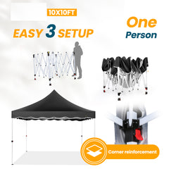 Hoteel 10x10 Pop Up Canopy Tent for Parties with 4 Sandbags, 4 Ropes, 4 Stakes & Wavy Edge, One Person EZ Setup, 20% Thicker Cross Tubes, Increased Height, 310cm Model for Ample Comfort, Black