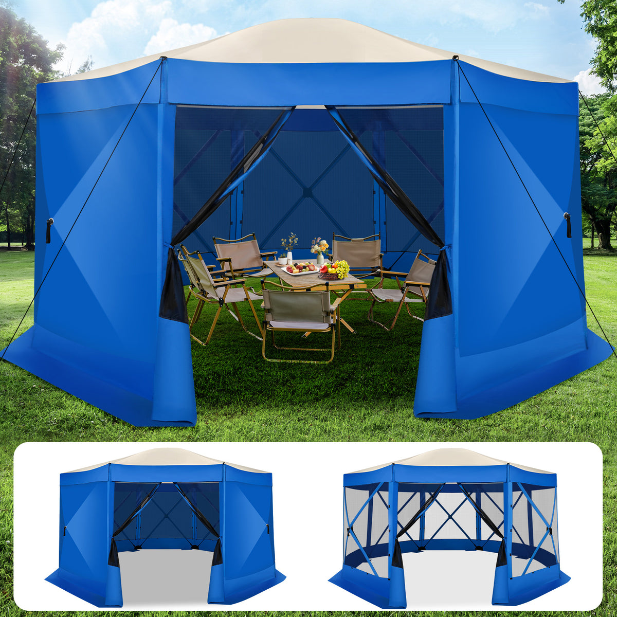 Hoteel 15x15 Camping Gazebo Tent 8 Sided Pop-up Canopy Screen Tent with Netting for Camping, Waterproof, UV Resistant, Ez Set-up Party Tent with Carrying Bag