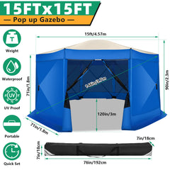 Hoteel 15x15 Camping Gazebo Tent 8 Sided Pop-up Canopy Screen Tent with Netting for Camping, Waterproof, UV Resistant, Ez Set-up Party Tent with Carrying Bag