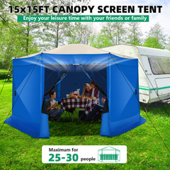 Hoteel 15x15 Camping Gazebo Tent 8 Sided Pop-up Canopy Screen Tent with Netting for Camping, Waterproof, UV Resistant, Ez Set-up Party Tent with Carrying Bag