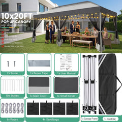 10x20 Pop Up Canopy with Mosquito Netting Sidewalls, One Push Easy Up Gazebo with Dual Vent Roof, Waterproof&UV 50+ Screen Tents for Parties, Backyard, Patio, Commercial Event