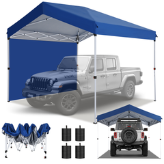 Hoteel 10x10 Carport Canopy Tent with 1 Sidewall, 3 Adjustable Height Portable Garage, Instant Outdoor Carports with 8 Stakes, 4 Sandbags & Ropes for Motorcycle, Garden Tool, Commercial, Dark Blue