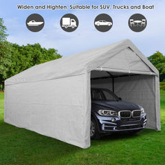 YUEBO Outdoor Carport 10x20ft Heavy Duty Canopy Storage Shed, Portable Garage Party Tent, Portable Garage with Removable Sidewalls & Doors All-Season Tarp for Car, Truck, Party, White