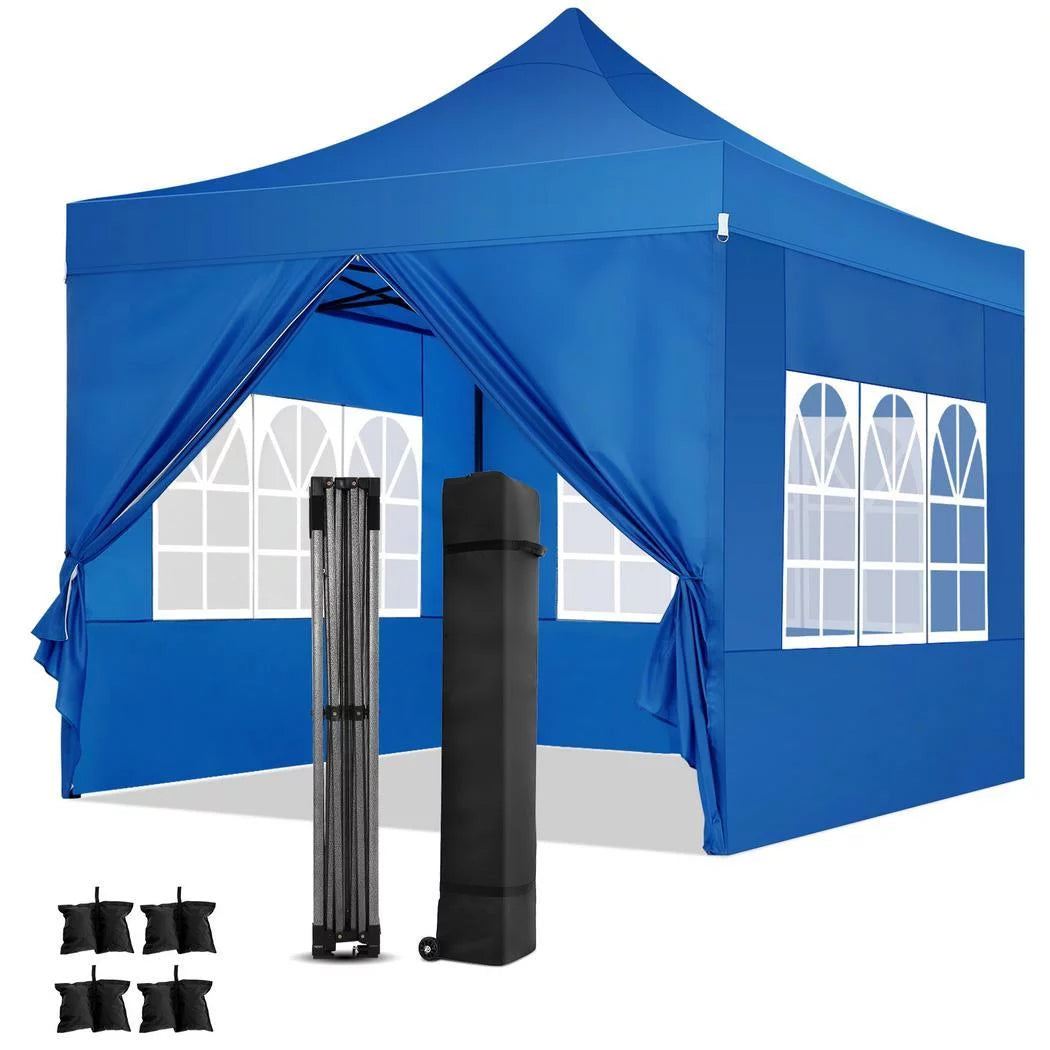 YUEBO 10'x10' Straight Leg Pop-up Canopy Tent Easy One Person Setup Instant Outdoor Canopy Folding Shelter with 4 Removable Sidewalls, 4 Sandbags, Carrying Bag, Blue