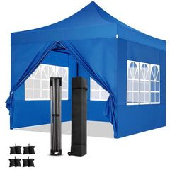 YUEBO 10'x10' Straight Leg Pop-up Canopy Tent Easy One Person Setup Instant Outdoor Canopy Folding Shelter with 4 Removable Sidewalls, 4 Sandbags, Carrying Bag, Blue