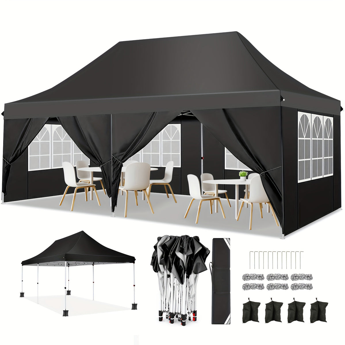 COBIZI 10'x20' Pop up Canopy Tent with 6 Removable Sidewalls, Instant Outdoor Canopy Shelter with Upgrade Raised Roof and Carry Bag
