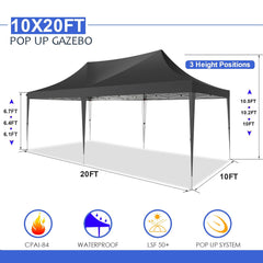 COBIZI Pop Up Canopy 10x20ft Canopy Tent Folding Portable Easy up Sun Shade UV Blocking Waterproof Outdoor Tent Sun Shade Wedding Instant Better Air Circulation Outdoor Gazebo Black