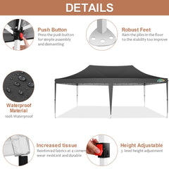 COBIZI 10x20 Pop Up Canopy Tent with 6 Sidewalls, Wedding Party Tent Outdoor Canopy UV50+ Waterproof Canopy Tent Event Shelter, 3 Adjustable Heights, with Carry Bag, Black