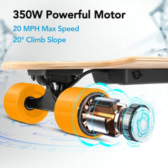 Caroma Electric Skateboards with Remote, 350W Brushless Motor, 12.4MPH Top Speed, 8 Miles Max Range, 3 Speed Mode E Skateboard, Orange Wheels